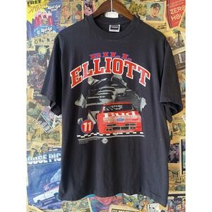 Vintage Budweiser Bill Elliot T Shirt Single Stitch Tultex Black Large
